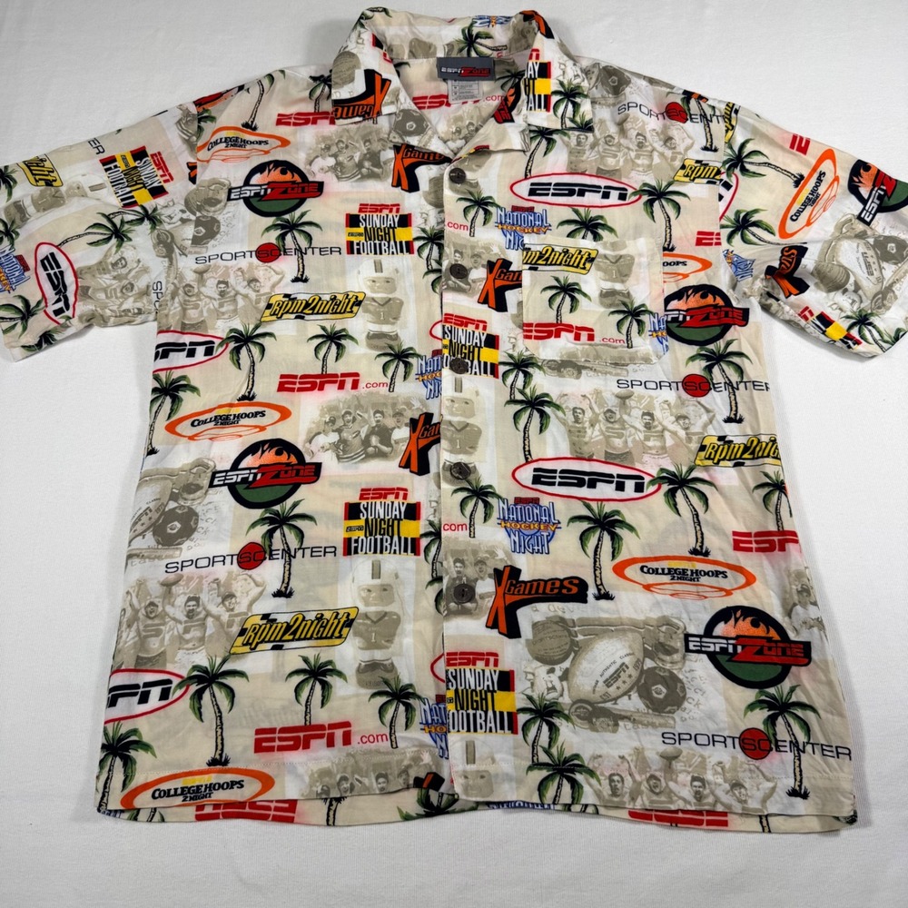 ESPN Zone Button Down Shirt Medium Cream All Over Print Sports Tropical Rayon